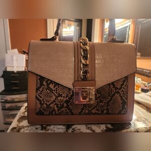Aldo Tan and Brown Croc-Embossed Shoulder Bag